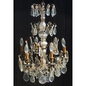 19th Century Cut Crystal Cage Chandelier With 6 Light Arms, Four Tiers On Bronze Supports