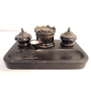 Boquet Bronze Inkwell, Silver Medal 1839, Reservoir With 2 Anchor-shaped Containers, 19th Century
