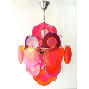 Vintage "gino Vistosi" Chandelier, Chromed Metal Frame And 27 Multicolored Discs, 20th Century