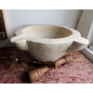Marble Apothecary Mortar With Ears, Walnut Pestle And Bronze Pestle, 18th Century