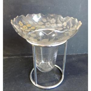 Floral Engraved Crystal Vase , Onion Vase , From The 50's - 60's , 20th Century