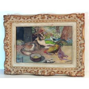 Painting On Card , Watercolor By H. Soubeyran , Dog Rooster And Hens , 20 ème