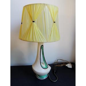 Bedside Lamp, White Ceramic Base With Green Lines And Original Lampshade, 20th Century