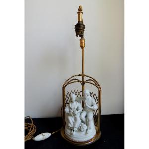Bronze Lamp With Romantic Couple In Cookie Under An Arbour, Napoleon III Late 19th Century