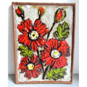 Glazed Earthenware Tile, Bouquet Of Brightly Colored Flowers, 20th Century