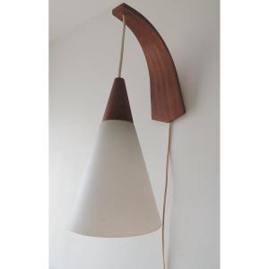 Wall Lamp By Louis Kalff For Philips, 60's, White Opaline On Teak 20th Century Frame