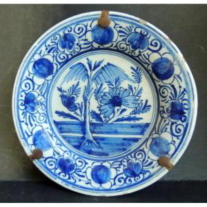 Delft Earthenware Plate, Floral Design In Shades Of Blue, Holland, 18th Century