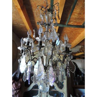 Cage Chandelier In Bohemian Crystal Louis XV 19th, 9 Lights 3 Daggers.
