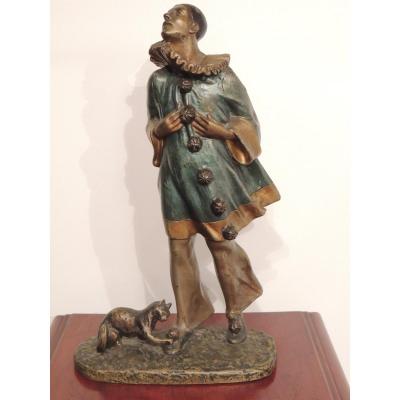 Bronze Sculpture Pierrot Au Chat By Robert Bousquet.