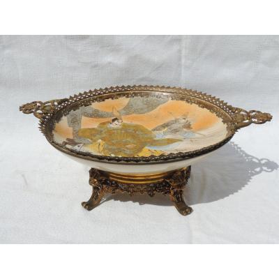 Old Japanese Earthenware Satsuma Fruit Bowl, Fruit Bowl, Enamels On Bronze Mount