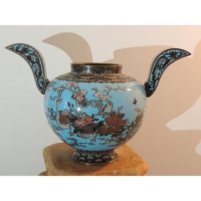 Bronze Vase With Cloisonné Enamels, Meiji Japan XIXth Century, Bird Decor On Blue Background