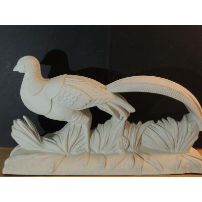 Sarreguemines, Pheasant In Biscuit Signed From