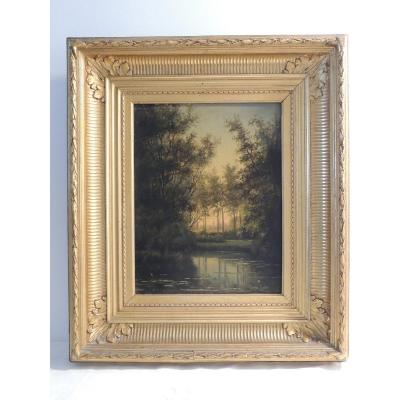 Table Oil Painting On Wood Panel, Lake Landscape, By Louis Hendricks (1827-1888)