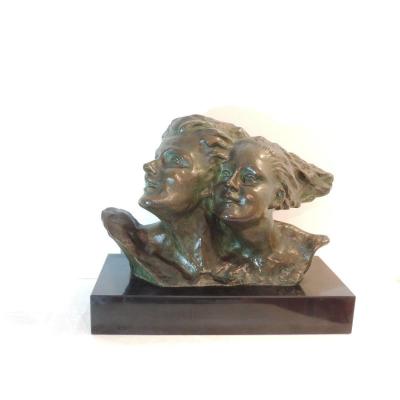 Bronze Sculpture, Couple Hair In The Wind, By René André Varnier Around 1930