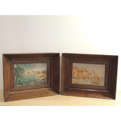 Paintings, Pair Of Small Tables Painted In Oil On Cardboard Paper, By Houjjet, Late 19th
