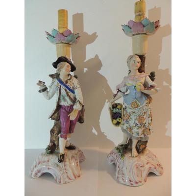 Pair Of Saxony Porcelain Candlesticks, Late 18th Century
