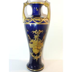 Large Blue And Gold Towers Ceramic Vase, Art Nouveau Style, 20th