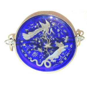 Empty Pocket Cup, Blue Crystal Engraved Asian Decor On Silver Brass Frame, 19th