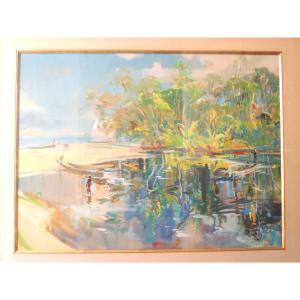 Mixed Painting, Gouache By New Zealand Artist Guy Huzé (1912-1997), 20th Century