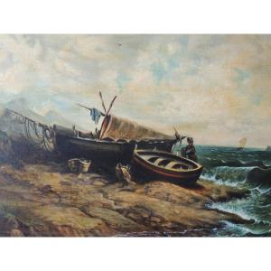 Marine Painting, Oil Painting On Canvas, Beached Fishing Boat, 19th Century