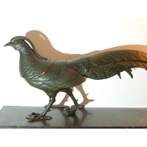 Pheasant In Bronze, Nuanced Green Patina, Large Animal Bronze On Black Marble, Art Deco 20th
