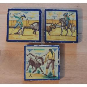 Seville Ceramic Tiles, Three Andalusian Painted Tiles On Bullfighting Spain Late 18th