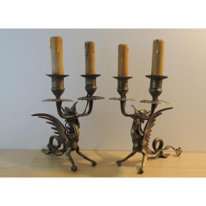 Bronze Candlestick, Pair Of Winged Dragon Model Candlesticks, Chimera In Doule Bobèches, 19th