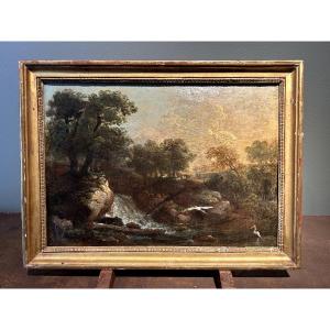 Landscape With Waterfall. Oil On Paper 18th-19th Century