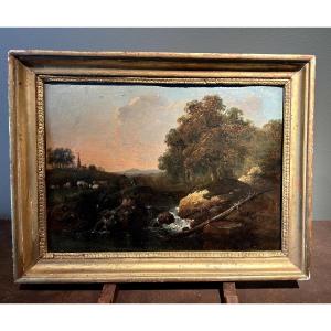 Landscape With Waterfall. Oil On Paper XVIII-xixth Century