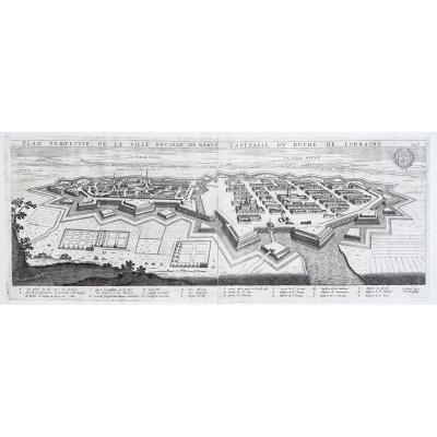 Gravure Ancienne – Plan Perspectif De La Ville Ducalle De Nancy Capitale Du Duché De Lorraine