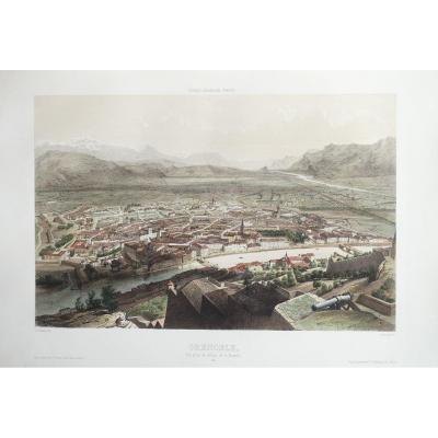 Old Engraving Of Grenoble - Air Travel In France