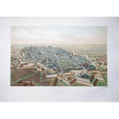 Antique Engraving - Lille - Faubourg De Paris - Air Travel In France