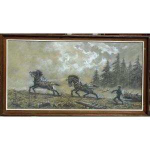 Le Blant - Logging Scene - Charcoal And Chalk 43 X 85 Cm (51 X 93 Cm Framed)