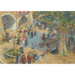 Victor Guerrier (1893-1968) Provençal Market Hsp 33 X 46 Cm