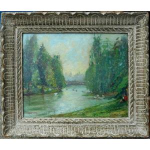 Paris The Lake Of The Bois De Boulogne Signed L.gasparini (luigi Gasparini? 1865-?)