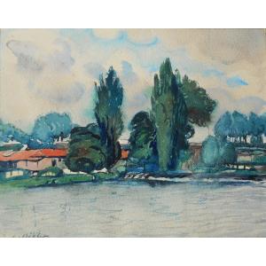 Charles Bichet (1863-1929) Limoges The New Bridge Watercolor 25 X 32 Cm 1921