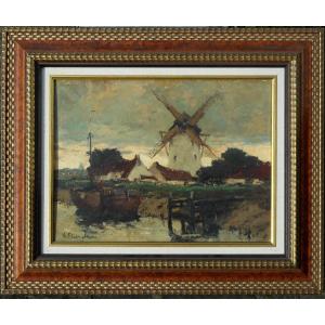 Gustave Flasschoen (1868-1940) Belgian Painter "mill In Holland" Belgium
