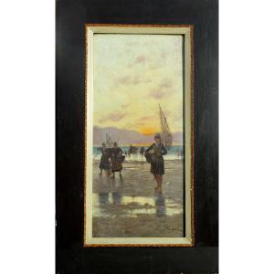 Pol Noel (1850-?) The Shrimp Fisherwomen-hsb 65 X 29.5 Cm (86 X 51 Cm Framed)