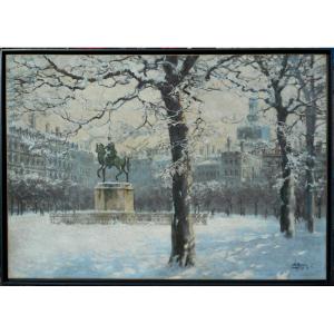 Antoine Barbier (1859-1948) Hst 114 X 162 Cm!!! Lyon Place Bellecour Under The Snow