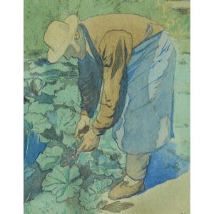 Charles Houdard (1855-1931) "the Gardener"watecolour 27 X 21 Cm
