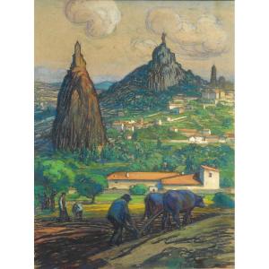 Joseph De La Neziere (1873-1944) Le Puy En Velay - Mixed Technique (original) On Cardboard
