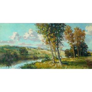 Emile Prodhon (1881/1974) Marne Valley - Hst 50 X 100 Cm Dated 1970