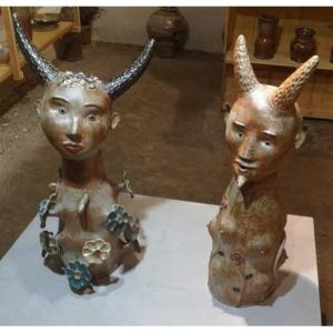 Pair Of Sandstone Sculptures Signed Bul, Approximately 50 Cm High (can Be Sold Individually)