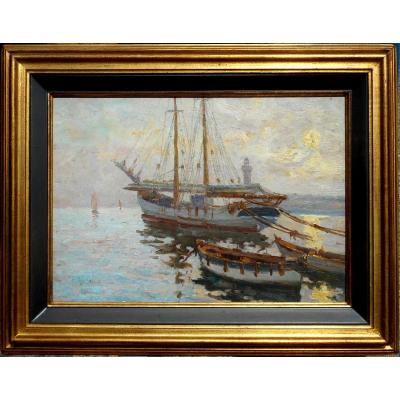 Jean Ausilia (1878-?) Boats In Front Of The Nord Jetty In Alger - Algeria (algeria) 33x46cm Biface