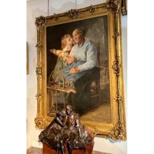 The Grandmother And Her Little Daughter Signed Lobrichon Timoléon Marie