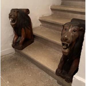 Pair Of Carved Wooden Lions, Early 20th Century