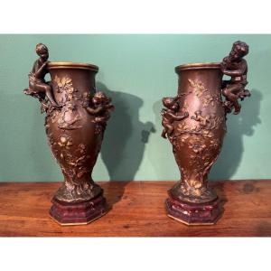 Pair Of Bronze Vases Signed Barbedienne