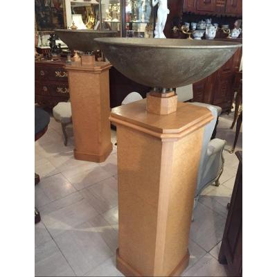 Pair Of Wooden Columns Topped With Metal Cups From The 80s