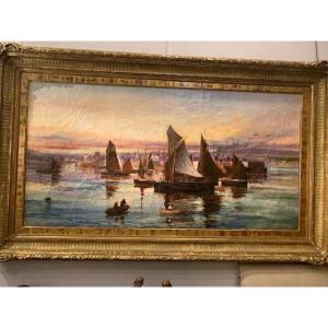 Painting Representing A Norman Port Late 19th