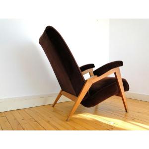 Aubergine Colored Velvet French Lounge Armchairs, France, Mid Century